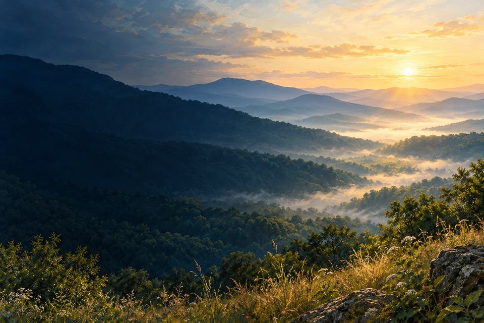 Illustrated Appalachian mountains at sunrise